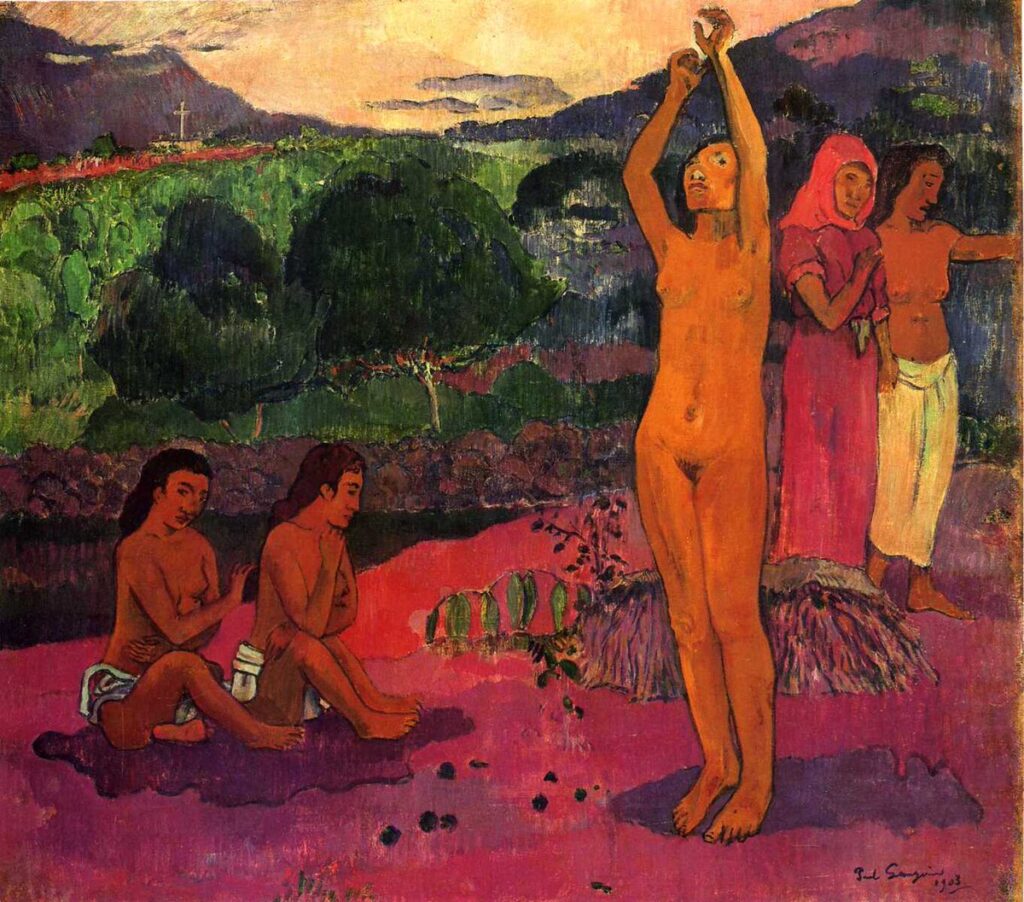 Paul Gauguin’in The Invocation (1903) tablosu, dua eden kadın figürlerini morumsu bir doğa fonunda resmeder. Hem yerli kültürlerin mistik gücünü hem de Batı uygarlığının gölgesini aynı sahnede buluşturur.
Kaynak: https://www.wikiart.org/en/paul-gauguin/the-invocation-1903