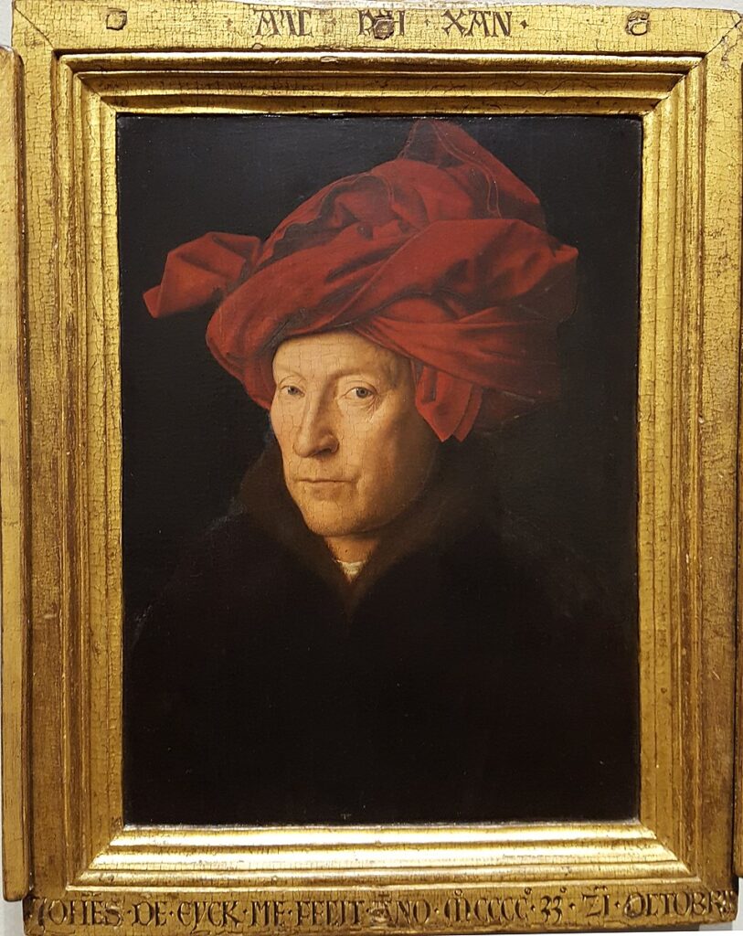 Jan van Eyck’in Portrait of a Man in a Red Turban (Kırmızı Sarıklı Adam Portresi, 1433) eseri, doğrudan bakışı ve olağanüstü detaycılığıyla Erken Hollanda Rönesansı’nın en güçlü portrelerinden biridir; otoportre olasılığı yüksektir.
Kaynak: https://commons.wikimedia.org/