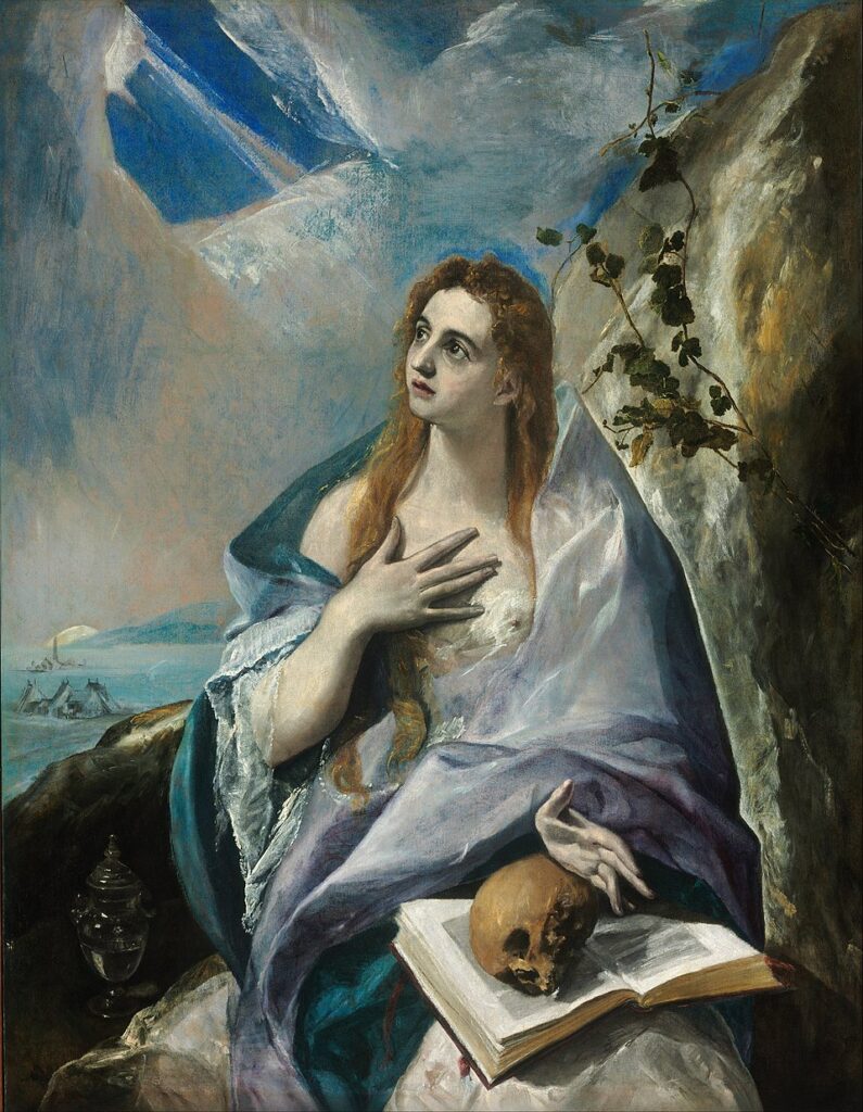 El Greco’nun Tövbekâr Meryem Magdalene tablosu, göğe yönelen bakış ve vanitas sembolleriyle pişmanlığı ve ruhsal arınmayı dramatik bir yoğunlukla görünür kılar. Işığın mistik titreşimi, figürü dünyevi varoluştan ilahî olana taşır.
Kaynak: https://commons.wikimedia.org/wiki/File:El_Greco_-The_Penitent_Magdalene-_Google_Art_Project.jpg