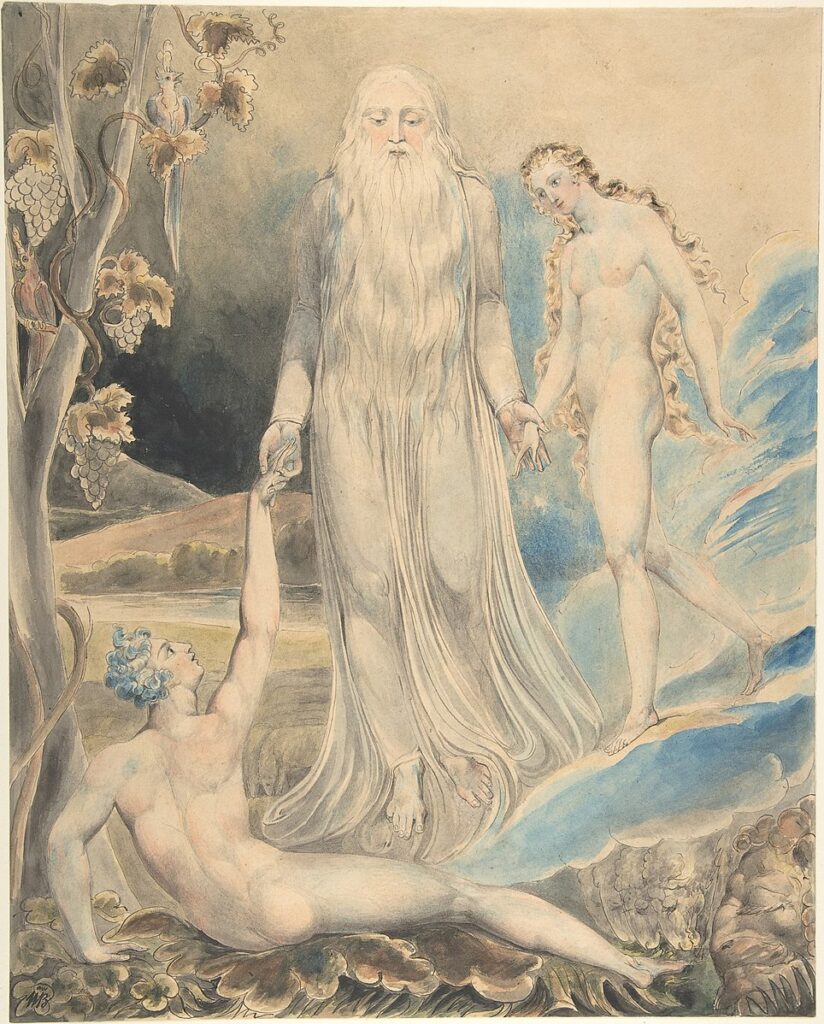 Blake’in “İlahi Mevcudiyetin Meleği’nin Havva’yı Âdem’e Getirişi” tablosu, yaratılış mitini romantik ve mistik bir duyarlılıkla yorumlar. Âdem, Havva ve meleğin birlikteliği insanlık tarihindeki ilk karşılaşmayı sembolik bir sahneye taşır.
Kaynak: https://commons.wikimedia.org/wiki