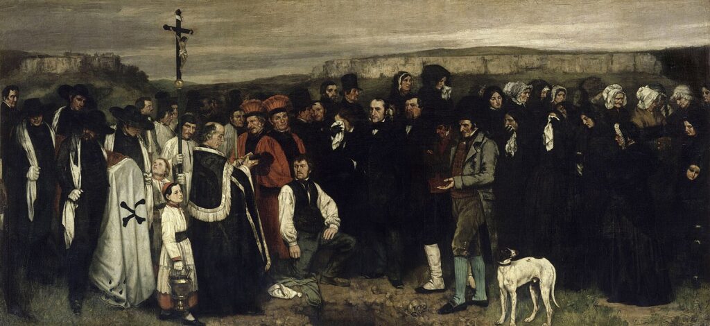 Courbet’nin Ornans’ta Cenaze tablosu, devasa boyutuyla tarih resmini çağrıştırırken sıradan köylülerin cenazesini konu alarak sanatta devrim yaratır. Realizm’in manifestosu kabul edilen eser, gündelik hayatı yücelten radikal bir yaklaşımı temsil eder.
Kaynak: https://tr.wikipedia.org/wiki/Dosya:Gustave_Courbet_-A_Burial_at_Ornans-_Google_Art_Project_2.jpg