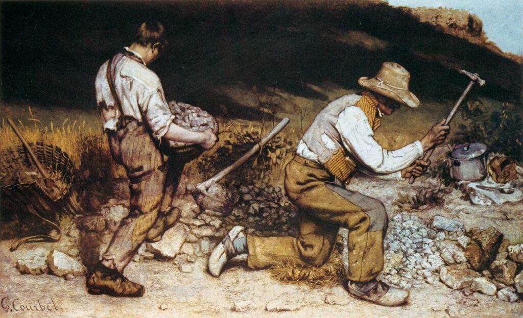 Yüz yok, ufuk bastırılmış; bükülen sırt ve taş tozu, çalışmanın bitmeyen ritmini taşır.
Courbet, kahramanı değil emeği gösterir; zaman sepetle çekiç arasında ağırlaşır.
Kaynak: https://en.wikipedia.org/wiki/File:Gustave_Courbet_-The_Stonebreakers-_WGA05457.jpg