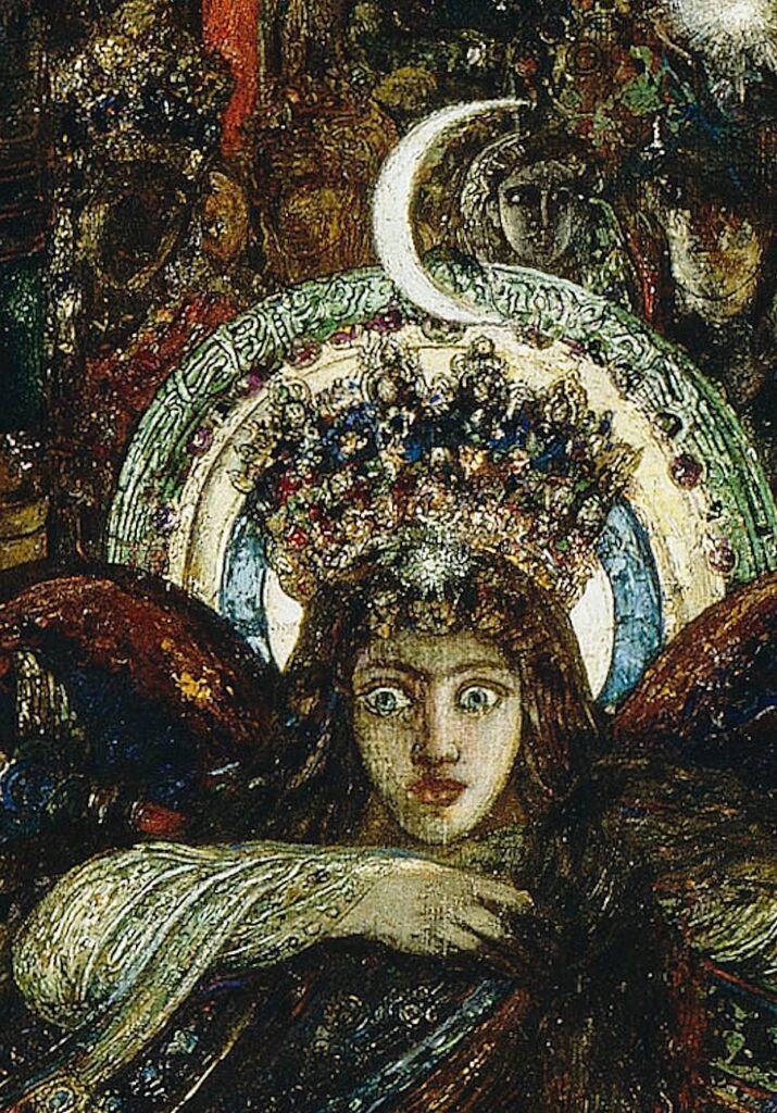 Bu detay, Gustave Moreau’nun Jupiter and Semele (1894–95) tablosunda yer alan Hekate figürünü göstermektedir. Hilal tacıyla ay ve büyünün tanrıçası olarak betimlenen Hekate, sahnenin alt katmanında gizemli ve karanlık güçleri temsil eder. Onun doğrudan izleyiciye bakan gözleri, tablonun merkezindeki ilahi kudret anlatısına gizli bir metafizik derinlik ekler.
Kaynak: https://commons.wikimedia.org/wiki/File:Hecate_
(Detail_of_Gustave_Moreau%27s_Jupiter_and_Semele).jpg