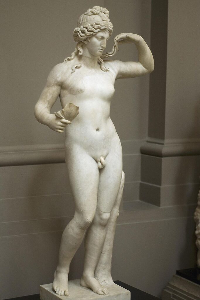 Hermaphroditus heykeli (Roma dönemi, Lady Lever Art Gallery, Liverpool), hem erkek hem kadın özelliklerini bir arada taşıyan figürüyle “androjen birlik” temasının en açık ikonografik örneklerinden biridir. Mitolojide Hermes ile Afrodit’in çocuğu olan Hermaphroditus, eksiksiz bütünlüğün ve cinsiyet ötesi uyumun simgesidir.
Kaynak: https://commons.wikimedia.org/wiki/
File:Charles_Edouard_Boutibonne_-_At_the_Fountain.jpg