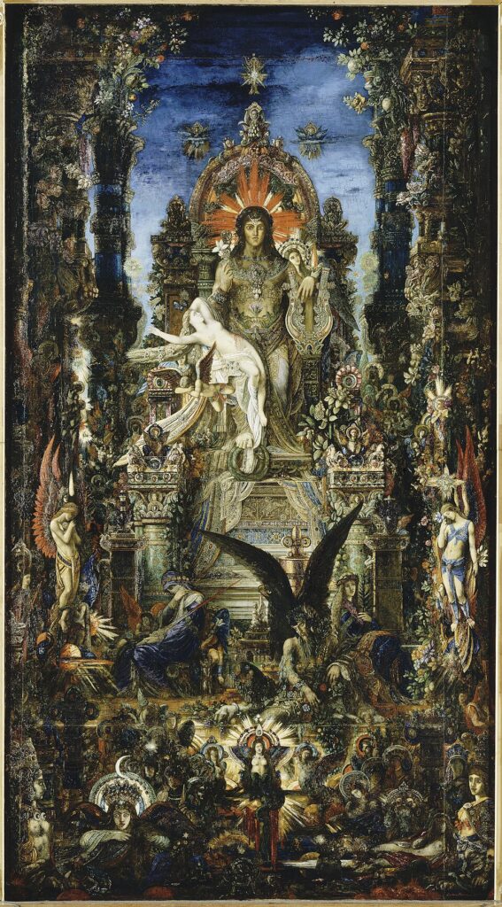 Gustave Moreau’nun Jüpiter ve Semele (1894–95) tablosu, aşk, ölüm ve tanrısallığın birleşimini görsel bir yoğunlukla sunar. Sembolizmin başyapıtlarından biri kabul edilir.
Kaynak: https://commons.wikimedia.org/
wiki/File:Jupiter_and_Semele_by_Gustave_Moreau.jpg