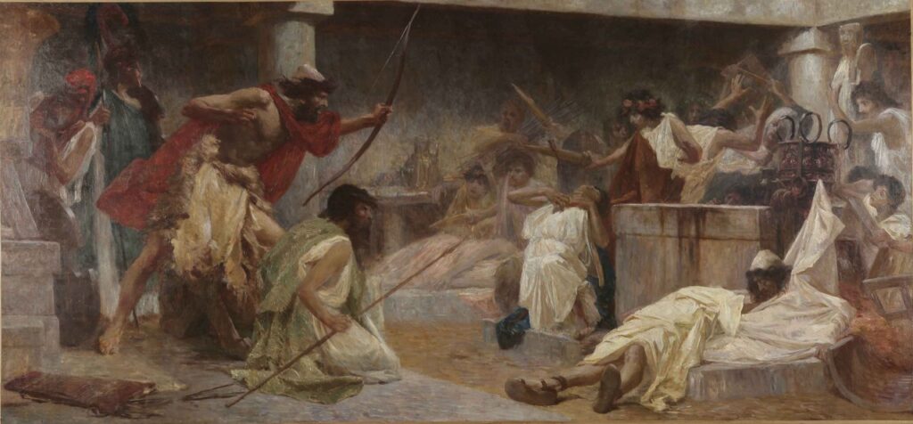 Čikoš Sesija’nın “Odysseus’un Talipleri Öldürmesi” sahnesi, ok ve taş kaide etrafında kurulan törensel bir arınma anıdır. Kirlenen ev, yaydaki ölçü ve kanla damgalanan eşik üzerinden adaletine kavuşur.
Kaynak: https://commons.wikimedia.org/wiki/File:Odysseus-%C4%8Ciko%C5%A1_Sesija.jpg