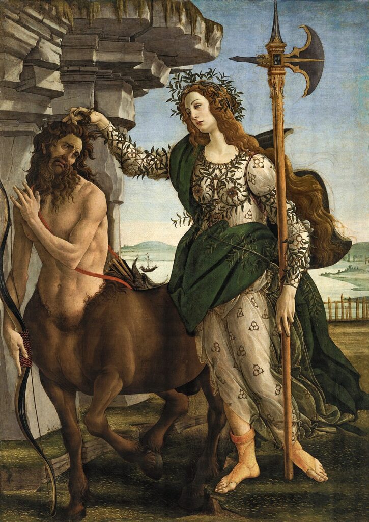 Botticelli, Pallas’ı zeytin yapraklı zarafet içinde kentauru şiddete başvurmadan dizginleyen bir akıl figürü olarak resmeder. Hâlberd nöbetin, nakışlı elbise barışın; indirgenmiş yay ve oklar potansiyel şiddetin askıya alınışının işaretidir. Sahne, Floransa hümanizminin özlü bir alegorisi olarak aklın zarif hâkimiyetini savunur.
Kaynak: https://commons.wikimedia.org/wiki/
File:Pallade_col_Centauro,Sandro_Botticelli(1482).jpg