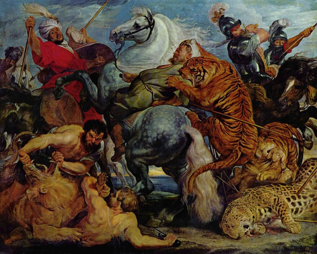 Rubens’in av sahnesi, beyaz at çevresinde spiral bir devinimle örgütlenir; kaplanın sıçrayışı ve kırmızı kaftanın alevi, zırhların soğuk grileriyle çarpışır. Tabloda zaferden çok, düzen ile taşkın doğa arasındaki kırılgan eşik görünür hâle gelir; izleyici, sahnenin tam içine çekilir.
Kaynak: https://commons.wikimedia.org/wiki/File:Peter_Paul_Rubens_110.jpg