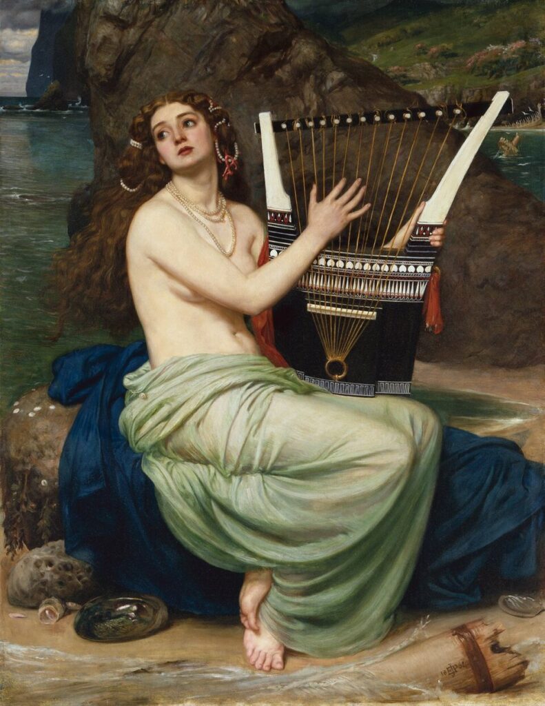Edward John Poynter’in The Siren tablosu, lir çalan yalnız deniz perisini cazibe ve trajik yalnızlık arasında zamansız bir metafor olarak görselleştirir.
Kaynak: https://commons.wikimedia.org/wiki/
File:The_Siren_by_Edward_John_Poynter_(1864).jpg
