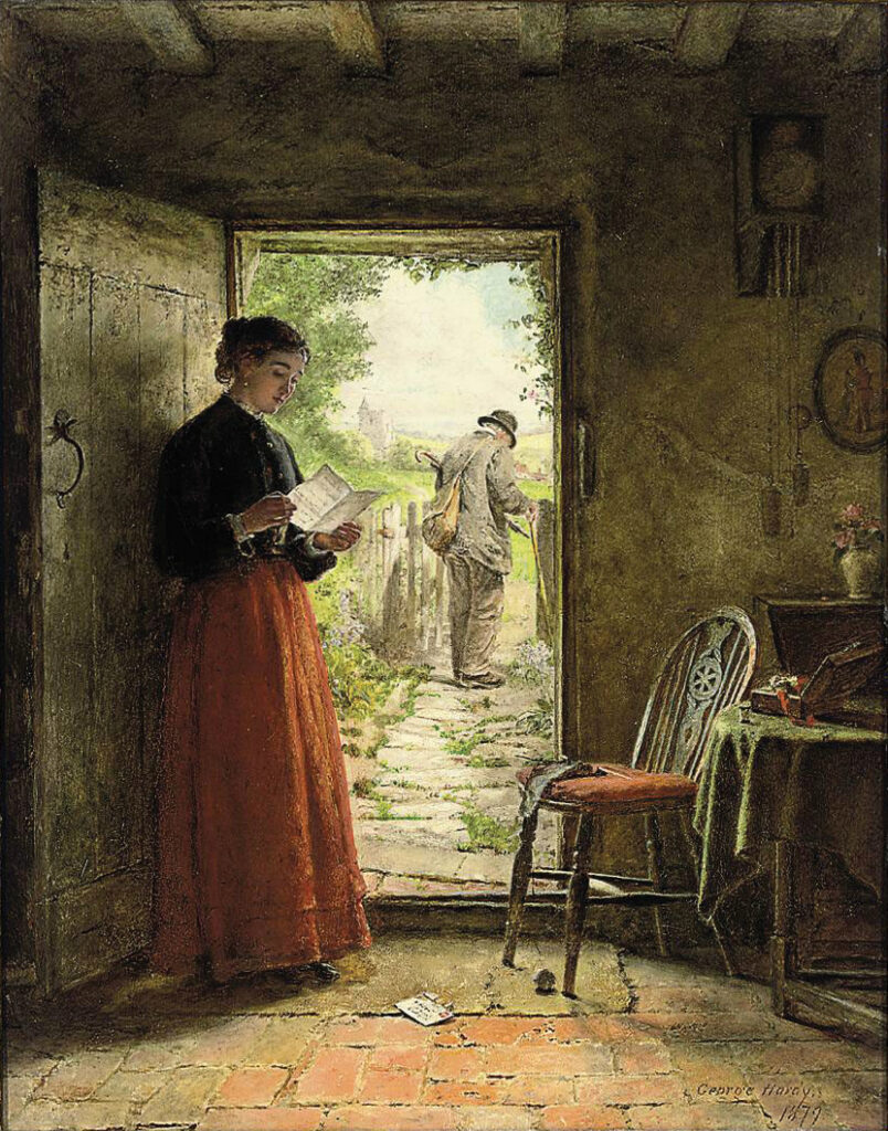 George Hardy’nin The Welcome Letter (Hoş Geldin Mektubu) adlı tablosu, yazılı bir mektup üzerinden kurulan içsel duygulanımı ve iki figür arasındaki sessiz ayrılığı, iç mekânda geçen sade bir sahneyle ifade eder.
Kaynak: https://commons.wikimedia.org/wiki/
File:The_Welcome_Letter,_1879._Oil_Painting_by_George_Hardy.jpg