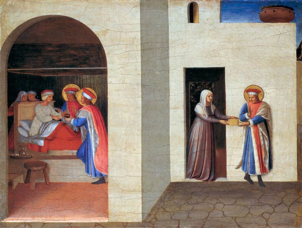 Fra Angelico’nun Aziz Cosmas ve Aziz Damian’ın Palladia’yı İyileştirmesi tablosu, imanla gelen mucizevi şifayı sade kompozisyon ve zarif figürlerle görselleştirir. Erken Rönesans’ın dini sanatındaki “iman ve şifa” temasının en saf örneklerinden biridir.
Kaynak: https://commons.wikimedia.org/wiki/File:Fra_Angelico_-The_Healing_of_Palladia_by_Saint_Cosmas_and_Saint_Damian-_WGA00511.jpg