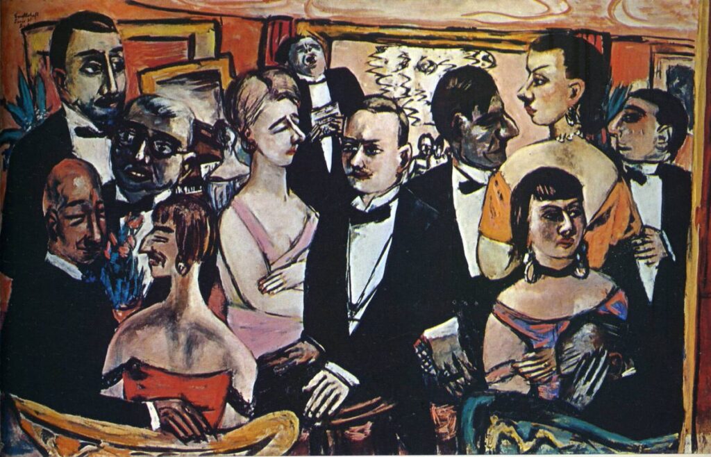 Beckmann’ın “Party in Paris” tablosu, 1920’lerin sosyetesini resmederken eğlencenin ardındaki yabancılaşmayı görünür kılar. Grotesk figürler, modern toplumun maskeli yüzünü sembolleştirir.
Kaynak: https://www.wikiart.org/en/max-beckmann/party-in-paris-1947