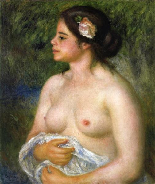 Renoir, baş modeli Gabrielle’i profilden, saçındaki gül ve kucağındaki tülle resmeder. Yumuşak fırça vuruşları teni “yaşayan mermer”e çevirirken, profilin mesafesi tabloya zarif bir kendine-aitlik duygusu verir.
Kaynak: https://www.wikiart.org/en/pierre-auguste-
renoir/gabrielle-with-a-rose-the-sicilian-woman