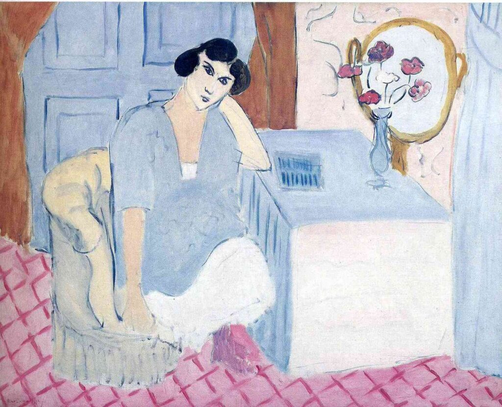Henri Matisse’in Dikkatsiz Okuyucu (1919) tablosu, modern bireyin dikkatsizliğini sadeleştirilmiş formlar ve özgür renklerle görselleştiren, Fovist estetiğin zarif bir örneğidir.
Kaynak: https://www.wikiart.org/en/henri-matisse/not-identified-14