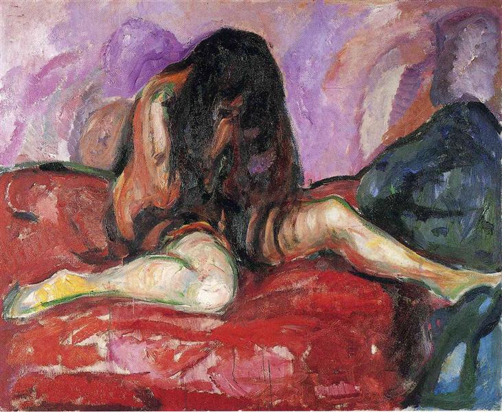 Yüz yok; saç bir perde gibi iner, beden kırmızı alanın içine çöker. Munch, nüde bakışı kapatır; renk, arzunun yerini kaygıya bırakır.
Kaynak: https://www.wikiart.org/en/edvard-munch/nude-i-1913