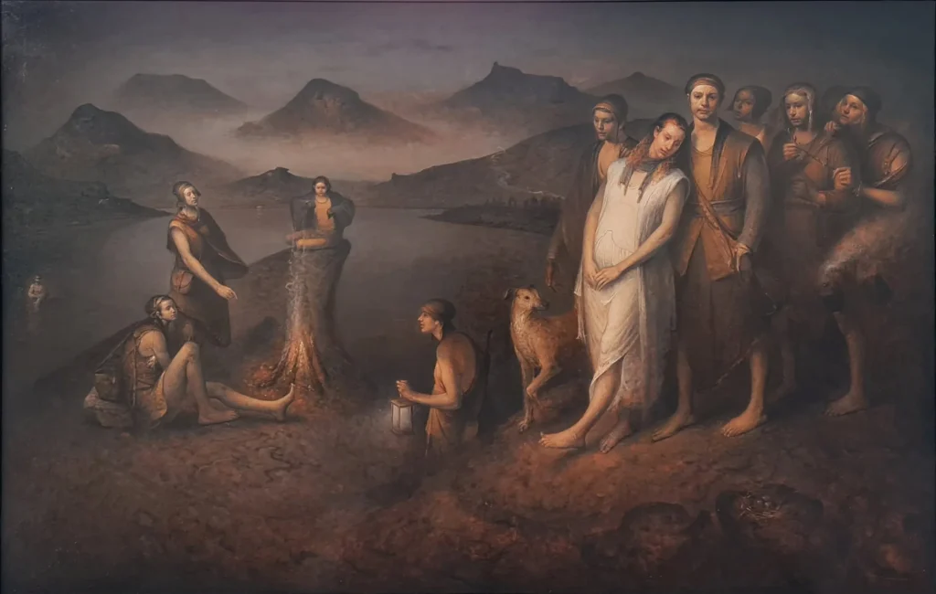 Sertap Yeğin, “Döngü”de göl kıyısına toplanmış bir topluluğu ateş, fener ve su eşliğinde buluşturur. Resim, bir arada kalmanın kırılgan ritüellerini sessiz ve yoğun bir atmosferde görünür kılar.
Kaynak: https://www.galerisoyut.com.tr/sanatcilar/36/sertap-yegin