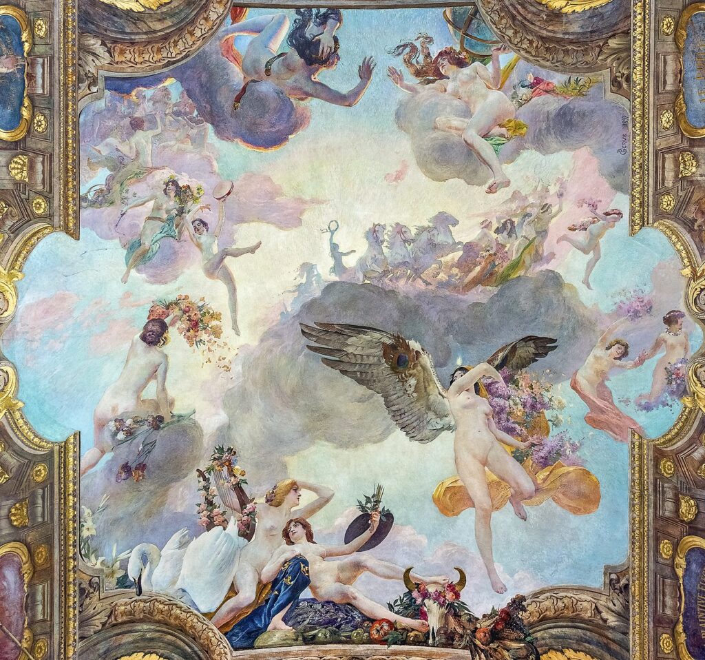 Paul Gervais’in 1897 tarihli tavan resmi Apollon ve Sanatlar, Toulouse Capitole’deki Salle des Illustres’i süsler; Apollo, musalar ve alegoriler pastel gökte zafer alayı kurar.
Capitole Toulouse - Salle des Illustres - Apollon et les Arts 1897 - Paul Gervais 2
Kaynak: https://commons.wikimedia.org/wiki/File:Capitole_Toulouse_-Salle_des_Illustres-Apollon_et_les_Arts_1897-_Paul_Gervais_2.jpg