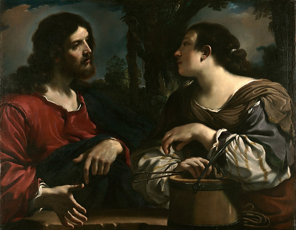 “Guercino, Samiriyeli Kadın ve Mesih: kuyu başında karşılıklı oturan İsa ve Samiriyeli kadın; kova ve ip; dramatik chiaroscuro, yüz ve ellerde yoğun ışık.”
Kaynak:https://commons.wikimedia.org/wiki/File:
Guercino_(Giovanni_Francesco_Barbieri)-_Christ_and_the_Woman_of_Samaria-_Google_Art_Project.jpg