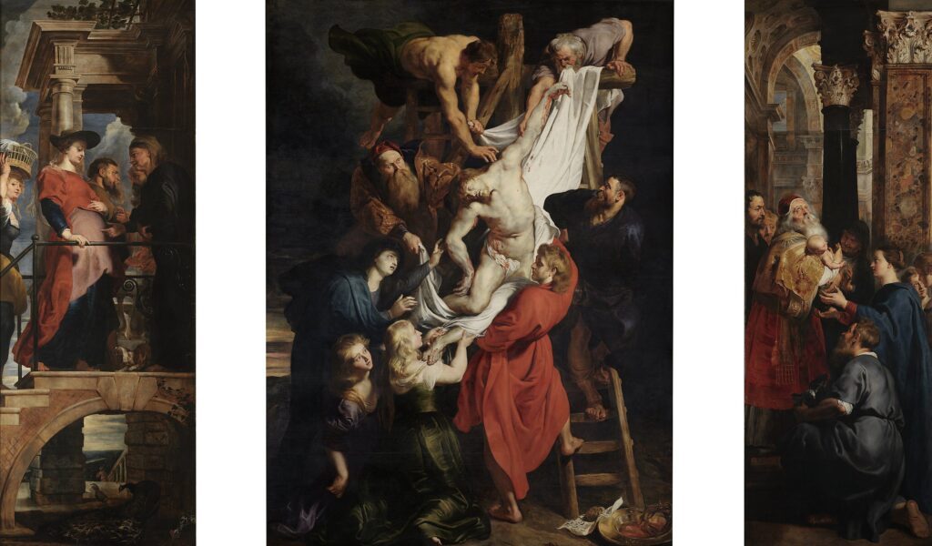 Rubens’in Çarmıhtan İndiriliş triptiği (1612–14), Ziyaret ve Tapınakta Sunum’la çevrili; beyaz kefen diyagonali, tenebrizm ve Barok patosla Karşı-Reform ruhunu görünür kılar.
Kaynak: https://commons.wikimedia.org/wiki/File:Peter_Paul_Rubens_-The_Descent_from_the_Cross(Antwerp_Cathedral).,_c._1613.jpg