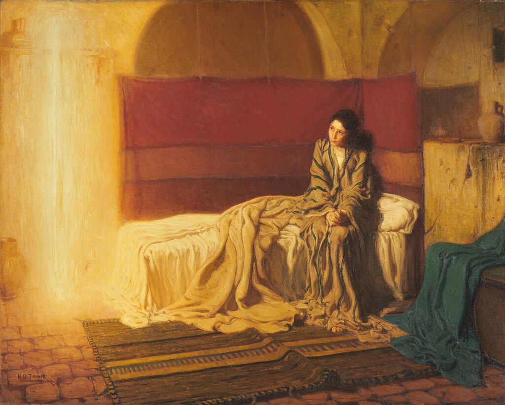 Henry Ossawa Tanner’ın Müjde’si, meleği ışık sütunu olarak kurar; Filistin iç mekânı, kırmızı perde ve tek ışık kaynağıyla sessiz, inandırıcı bir vahiy sahnesi.
Kaynak: https://commons.wikimedia.org/wiki/File:The_Annunciation,_
Philadelphia_Museum_of_Art,_W1899-1-1-pma,_by_Henry_Ossawa_Tanner.jpg