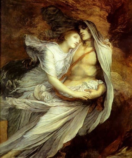 George F. Watts, Paolo ve Francesca (c. 1870’ler). Havada askıda, rüzgârla savrulan draperiler içinde birbirine sarılı iki âşık; ışık, sarmal hareketi aurasal bir hâleye çevirir.
Kaynak: https://www.wikiart.org/en/george-frederick-watts/paulo-and-francesco