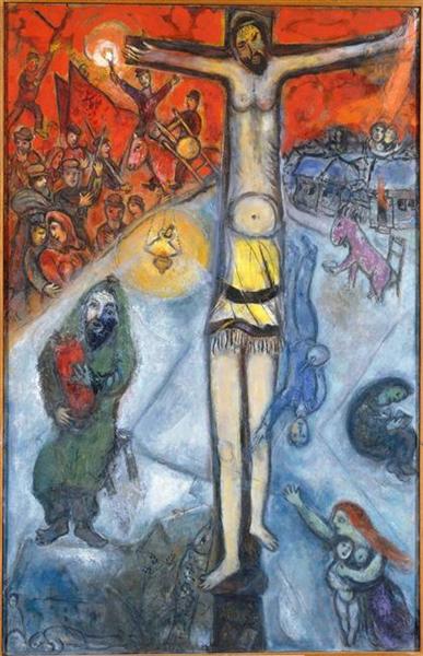 “Chagall, Résurrection (1937–1952): ortada çarmıha gerilmiş İsa; sol üstte kırmızı isyan/yangın, sağda maviye gömülen köy ve devrilen figürler; altta yas tutanlar ve koşan kadın; Chagall’ın mavi-kırmızı karşıtlığı.”
Kaynak: https://www.wikiart.org/en/marc-chagall/resurrection-1952