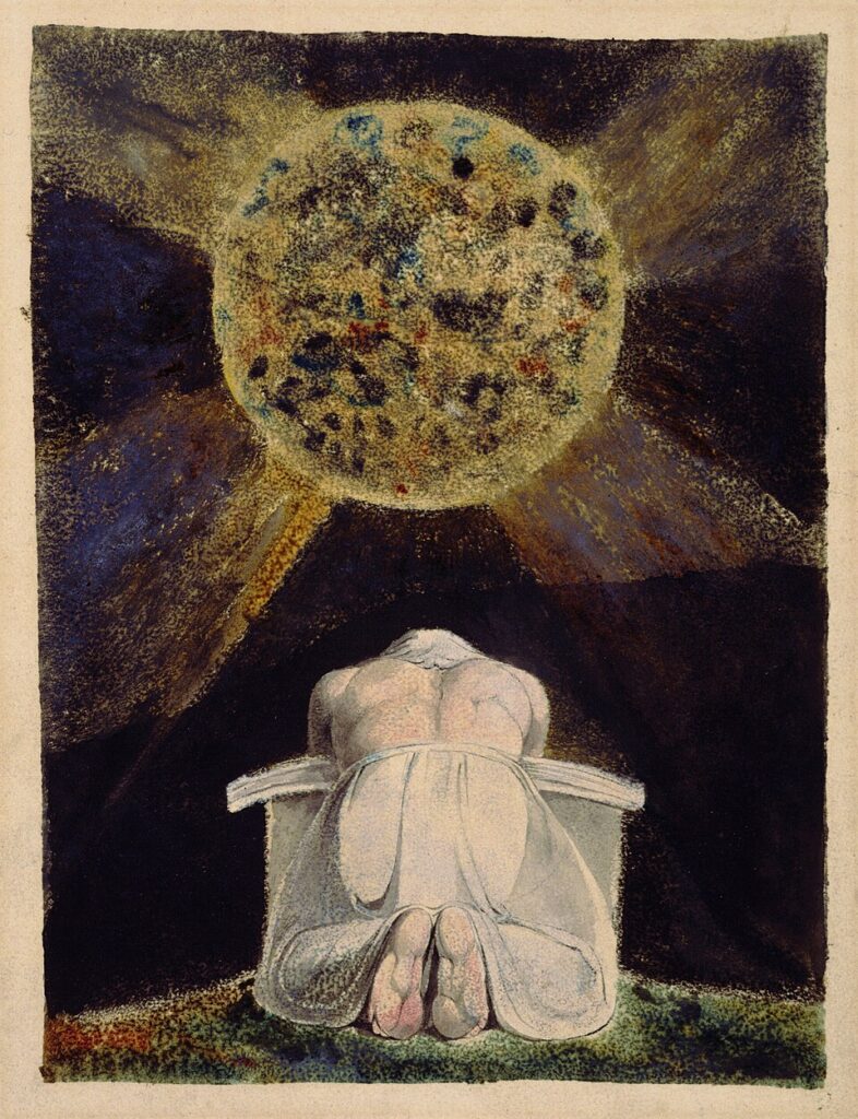 William Blake’in 1795 tarihli “Sconfitta / The Song of Los” önsayfası, kozmik küre ile diz çöken figür arasındaki dramatik karşılaşmada modern akılcılığa karşı yaratıcı ruhun direncini vizyoner bir dille sahneler.
Kaynak: https://en.wikipedia.org/wiki/File:William_Blake_-Sconfitta-_Frontispiece_to_The_Song_of_Los.jpg