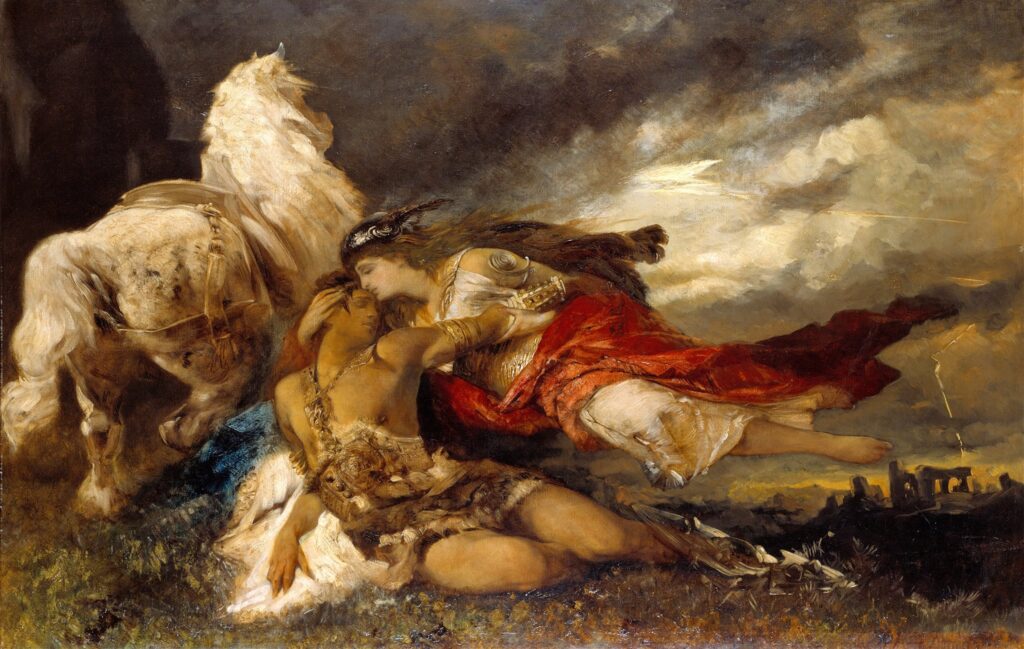 Hans Makart’ın “Valkyrie and a Dying Hero” tablosunda, solda beyaz bir at, sağda yerde yatan yaralı savaşçı ve üstüne eğilmiş kırmızı pelerinli Valkür görülür; fırtınalı gökyüzü ve uzaktaki yıkıntılar, sahnenin dramatik ve karanlık atmosferini güçlendirir.
Kaynak: https://tr.wikipedia.org/wiki/Anasayfa