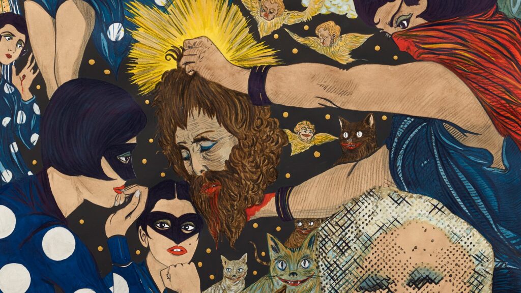 Marcel Dzama’nın çiziminde siyah zemin üzerinde, saçlarından tutulmuş kesik bir erkek başı, onu kaldıran kırmızı pelerinli bir kadın, çevrede maskeli kadın figürleri, uçuşan küçük melekler ve gülümseyen kediler görülür; renkler lacivert, kırmızı ve altın tonlarında yoğunlaşır.
KAYNAK: https://www.peramuzesi.org.tr/