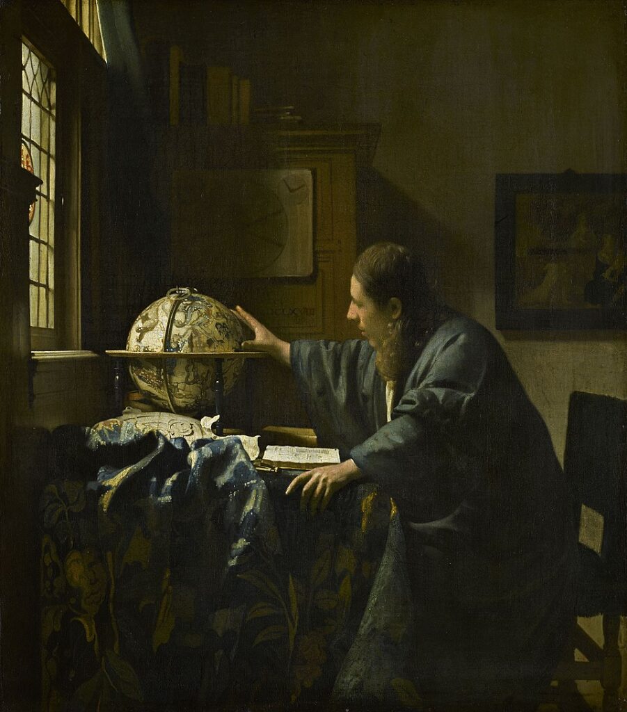 Küreye uzanan el, bilginin “bakmak” değil “temas etmek” olduğunu söyleyen sessiz bir jesttir.
Kaynak: https://en.wikipedia.org/wiki/File:Johannes_Vermeer_-The_Astronomer-_1668.jpg