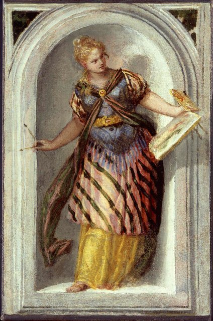 Kemerli bir niş içinde ayakta duran alegorik kadın figürü; elinde fırça ve levha/palet benzeri bir nesne; açık taş fon ve parlak sarı giysi.
Kaynak: https://commons.wikimedia.org/wiki/
File:Paolo_Veronese,_Allegory_of_Painting,_1560s.jpg