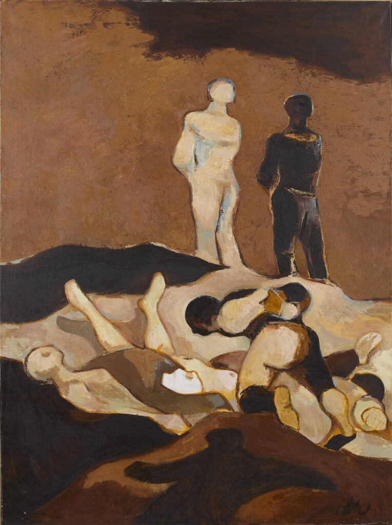 Kahverengi boşluk zemin önünde yerde yığılmış bedenler; arkada biri beyaz biri koyu iki ayakta figür; üstte koyu bir ağırlık lekesiyle savaş sonrası sahne.
Kaynak: https://digitalssm.org/digital/collection/ResimKlksyn/id/1061/rec/269