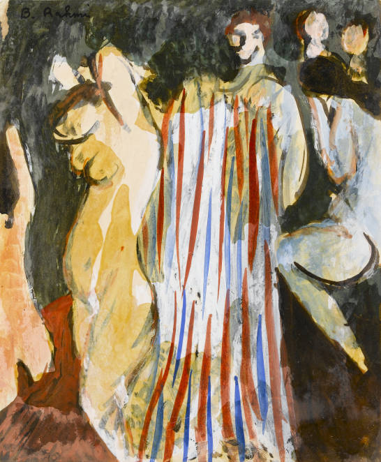 Koyu fon önünde figür grubu: ortada kırmızı-mavi dikey çizgili giysiyle ayakta bir figür, solda sarı tonlarda nü, sağda iki figür ve altta açık renkli oturan kütle.
Kaynak: https://digitalssm.org/digital/collection/ResimKlksyn/id/768/rec/309