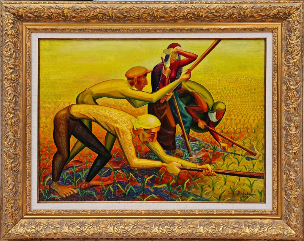 Sarı bir tarla zemininde dört figür çapayla çalışır; üçü öne eğilmiş, biri arkada ayakta durur; renkler doygun ve biçimler anlatımcıdır.
Kaynak: https://www.galerisoyut.com.tr/sanatcilar/761/mihriban-mirap#34796