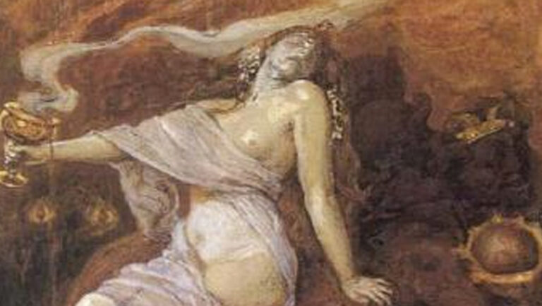 Henry John Stock, Babil’in Fahişesi — The Whore of Babylon, 1902, kâğıt üzerine kurşunkalem ve suluboya (bodycolour ile güçlendirilmiş).