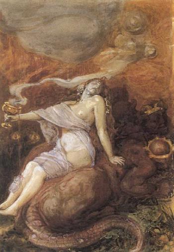 Henry John Stock, Babil’in Fahişesi — The Whore of Babylon, 1902, kâğıt üzerine kurşunkalem ve suluboya (bodycolour ile güçlendirilmiş).