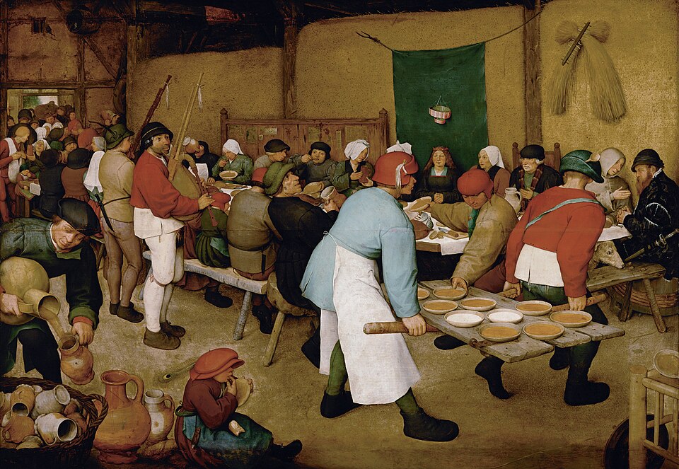 Şenlik, tek bir kahramanda değil; servis, paylaşım ve kalabalığın ortak ritminde kurulur.
Kaynak: https://tr.wikipedia.org/wiki/Dosya:Pieter_Bruegel_
the_Elder_-Peasant_Wedding-_Google_Art_Project_2.jpg