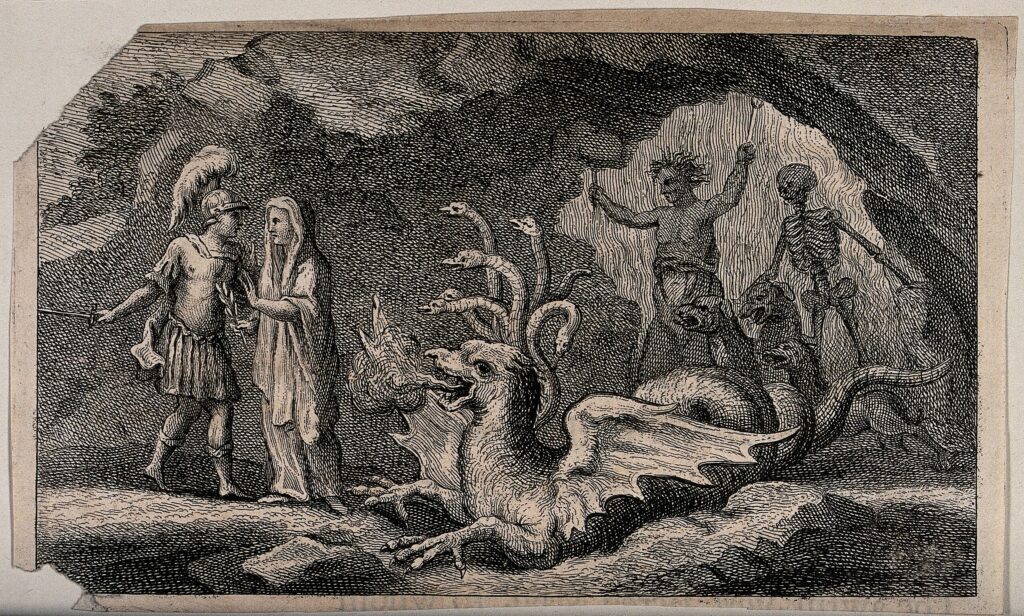 Aeneid'de Cumaean  Sibyl,  Aeneas'ı katabasis (ölüm töreni) için  yeraltı dünyasına  götürür.
Kaynak: https://en.wikipedia.org/wiki/Katabasis#/media/File:Scene_from_
Virgil's_Aeneid;_the_Cumaean_Sibyl_leads_Aeneas_t_Wellcome_V0042049.jpg
.