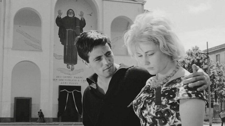 Pier Paolo Pasolini'nin Accattone (Dilenci) filminden bir kare; bir erkek ve bir kadın karakterin siyah beyaz portresi.