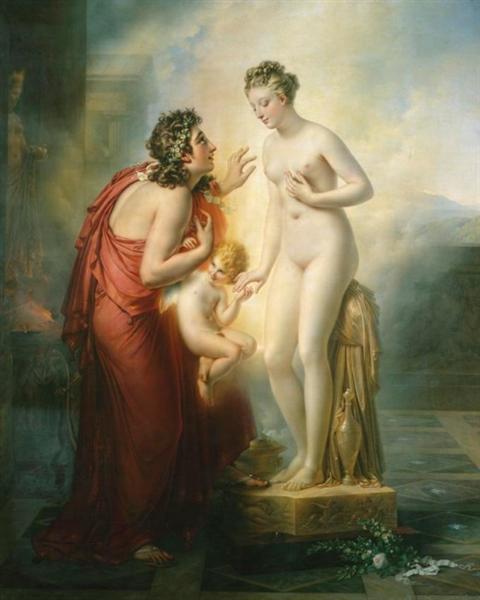 Anne-Louis Girodet, Pygmalion ile Galatea / Pygmalion and Galatea, 1819.
Dokunuşun hemen öncesindeki boşlukta, ideal ile canlılık arasındaki sınır görünür olur; mucize, “temas”tan çok “eşik”tir.
Kaynak: https://www.wikiart.org/en/anne-louis-girodet/pygmalion-et-galat-e-1819