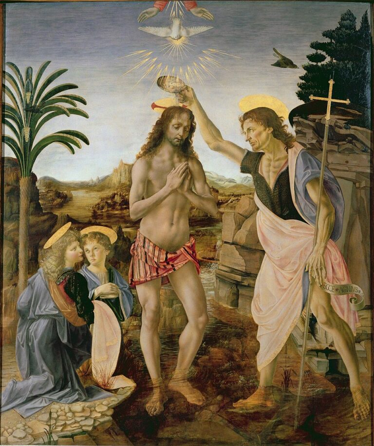 Andrea del Verrocchio & Leonardo da Vinci — Mesih’in Vaftizi (The Baptism of Christ), Uffizi, Floransa