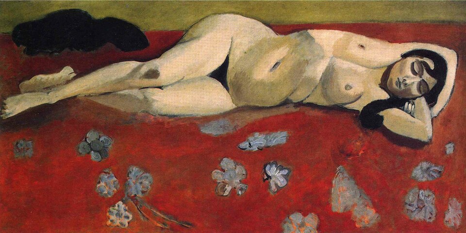 Henri Matisse, Nu (Lorette allongée sur fond rouge / Uyuyan Nü), 1916–1917 (yakl.), tuval üzerine yağlıboya.