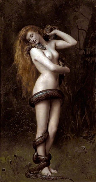 John Collier, Lilith / Lilith, 19. yüzyıl sonu, yağlıboya. Kapalı bakış ve sarmal temas, Lilith’i bir karakterden çok izleyiciyi konumlandıran bir gerilim düzenine dönüştürür.