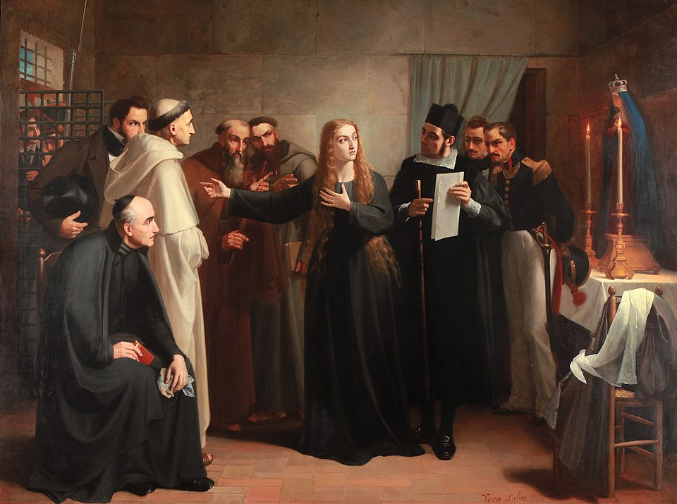 Juan Antonio Vera Calvo, Şapelde Mariana Pineda / Mariana Pineda en capilla, 1862, yağlıboya. Karar kâğıtta yazılıdır; ama tanıklık, elin işareti ve bakışın yönüyle bedenin üstünde taşınır.