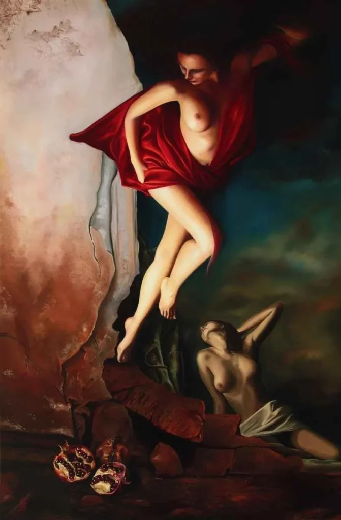 Hüseyin Feyzullah, Persephone ve Demeter, 2013, tuval üzerine yağlıboya, 145 × 95 cm. Hüseyin Feyzullah, Persephone ve Demeter, 2013, tuval üzerine yağlıboya, 145 × 95 cm.