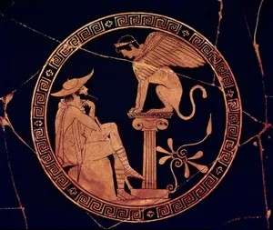 Attika kupası: Oedipus ve Sfenks. Oedipus ve Sfenks , Attika kırmızı figürlü bir kylix'in (kupa veya içki kabı)