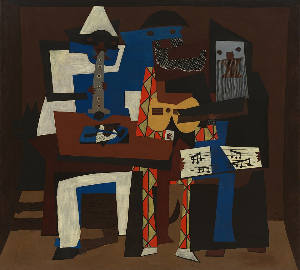 Pablo Picasso, Three Musicians / Üç Müzisyen, 1921, tuval üzerine yağlıboya, Sentetik Kübizm. Pablo Picasso, Three Musicians / Üç Müzisyen, 1921, tuval üzerine yağlıboya, Sentetik Kübizm.