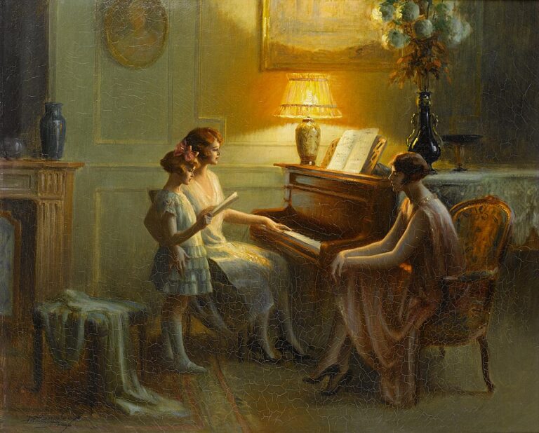 Delphin Enjolras, By the Piano, tarih bilinmiyor, akademik salon resmi / Belle Époque iç mekân figürasyonu.