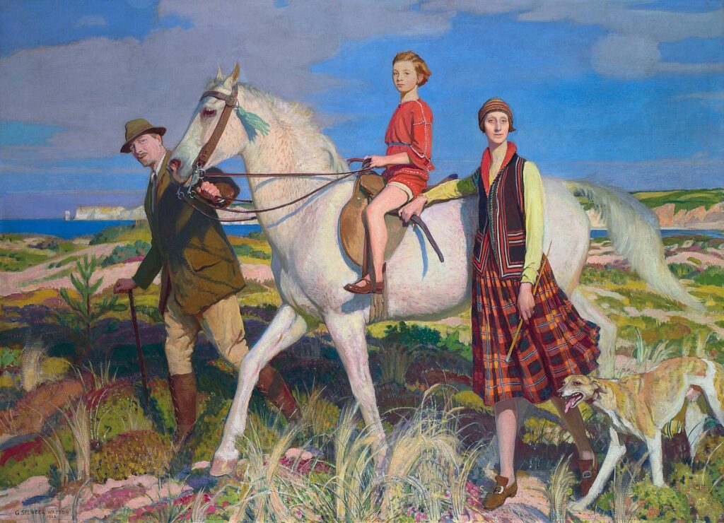 George Spencer Watson’ın Four Loves I Found adlı eserinde yaşlı adam beyaz atı yönlendirir; kırmızı giysili çocuk atın üzerinde oturur, kadın yandan eşlik eder ve tazı kıyı manzarasında grubun yanında yürür.
