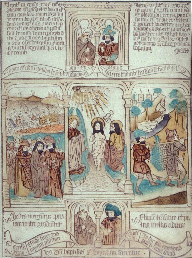 Biblia Pauperum: Kızıldeniz’de Boğulan Firavun’un Ordusu, İsa’nın Vaftizi ve Kenan’dan Dönen Haberciler